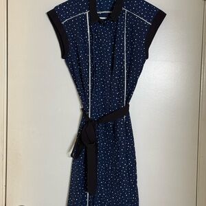 Navy Polka Dot Dress with Black Trim